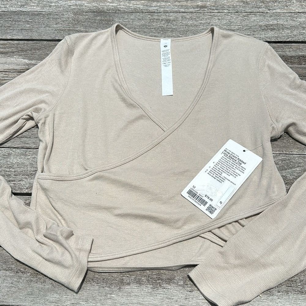 Lululemon Wrap-Front Ribbed Long Sleeve Top Mojave Tan NWT WOMENS SIZE 12